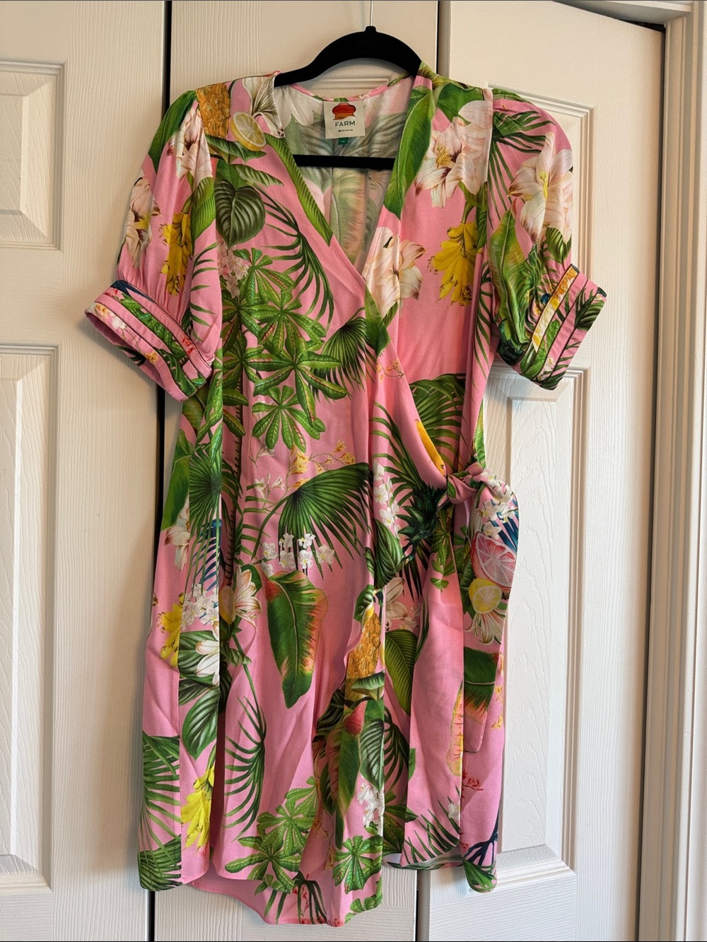 Farm Rio Tropical Print short sleeve wrap dress.
